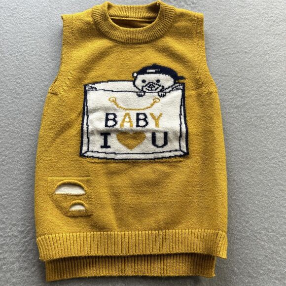 Y2K Baby I Love U Sweater Vest 9 months Mustard Yellow Knit Pullover Granola - Picture 7 of 7